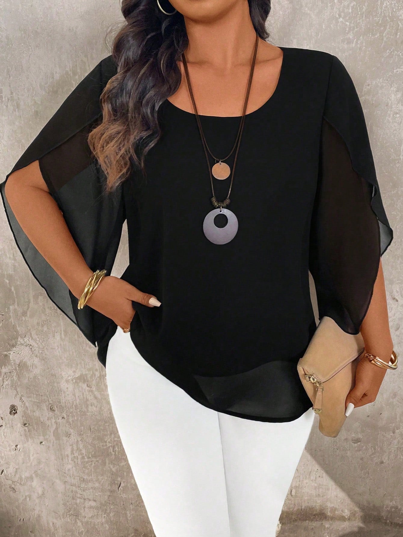 EMERY ROSE Plus Size Women's Plus Size Cap Sleeve Sheer Slim Fit Blouse