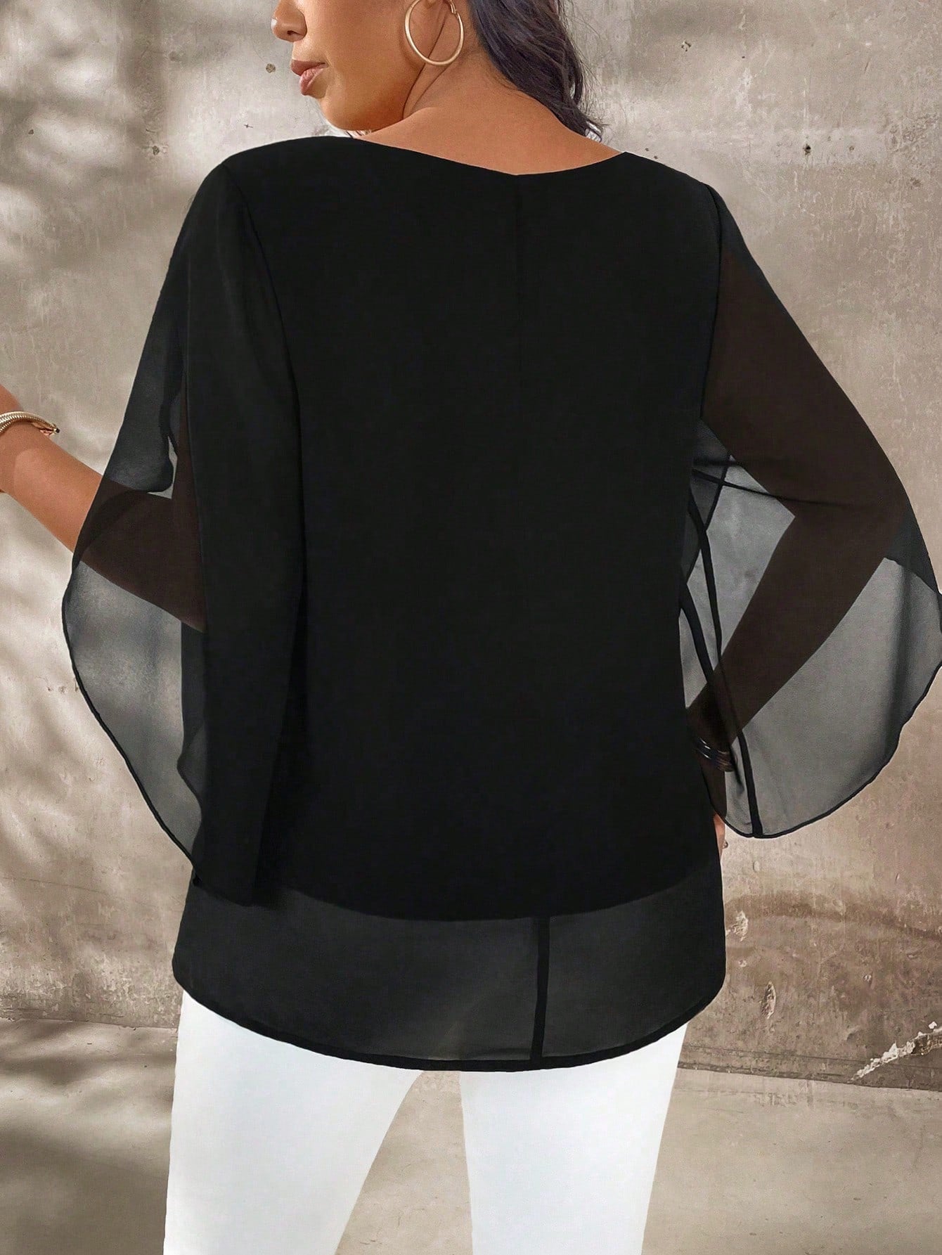 EMERY ROSE Plus Size Women's Plus Size Cap Sleeve Sheer Slim Fit Blouse