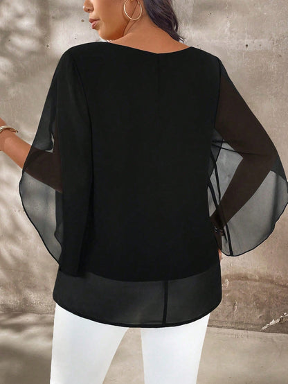 EMERY ROSE Plus Size Women's Plus Size Cap Sleeve Sheer Slim Fit Blouse
