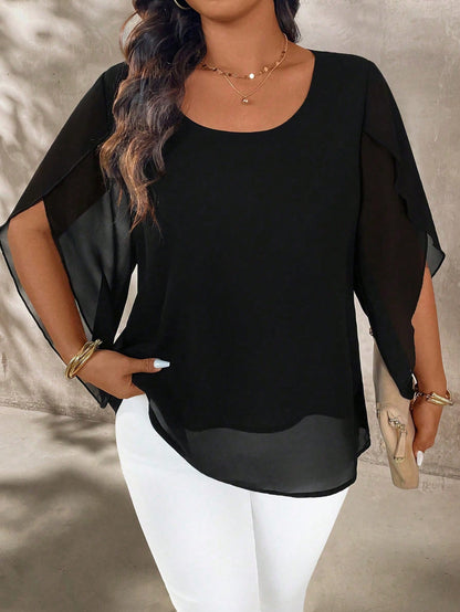 EMERY ROSE Plus Size Women's Plus Size Cap Sleeve Sheer Slim Fit Blouse