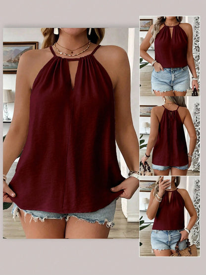 EMERY ROSE Plus Size Women's Spring/Summer Casual Versatile Spaghetti Strap Tie-Up Fitted Camisole, Burgundy, Flattering, Suitable For Outings, Commuting, Vacation, Daily Home Wear