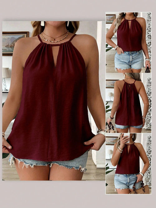 EMERY ROSE Plus Size Women's Spring/Summer Casual Versatile Spaghetti Strap Tie-Up Fitted Camisole, Burgundy, Flattering, Suitable For Outings, Commuting, Vacation, Daily Home Wear