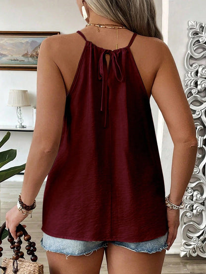 EMERY ROSE Plus Size Women's Spring/Summer Casual Versatile Spaghetti Strap Tie-Up Fitted Camisole, Burgundy, Flattering, Suitable For Outings, Commuting, Vacation, Daily Home Wear