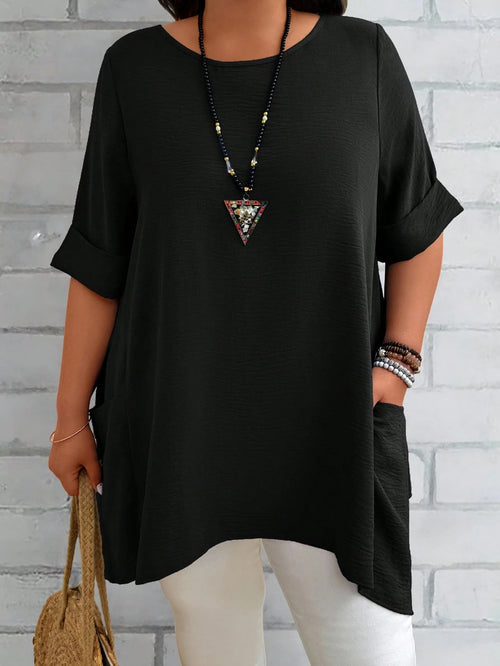 EMERY ROSE Plus Size Women's Summer Blue Round Neck Short Sleeve Double Pocket Loose Casual Mom Shirts