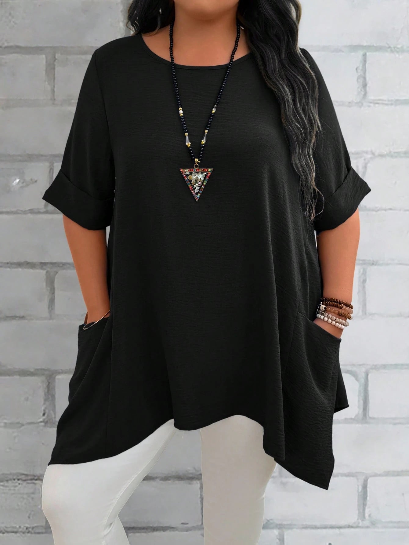 EMERY ROSE Plus Size Women's Summer Blue Round Neck Short Sleeve Double Pocket Loose Casual Mom Shirts