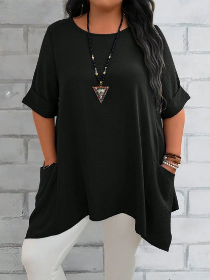 EMERY ROSE Plus Size Women's Summer Blue Round Neck Short Sleeve Double Pocket Loose Casual Mom Shirts