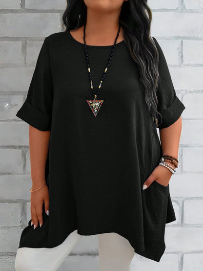 EMERY ROSE Plus Size Women's Summer Blue Round Neck Short Sleeve Double Pocket Loose Casual Mom Shirts