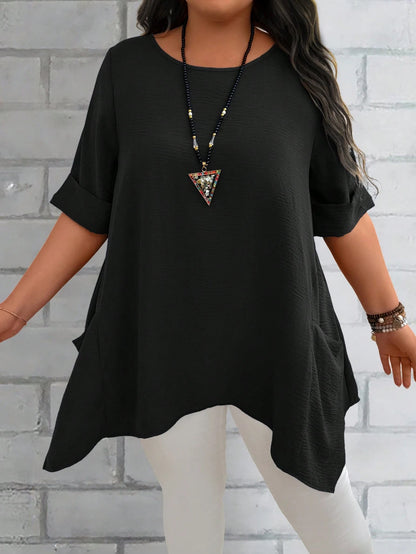 EMERY ROSE Plus Size Women's Summer Blue Round Neck Short Sleeve Double Pocket Loose Casual Mom Shirts
