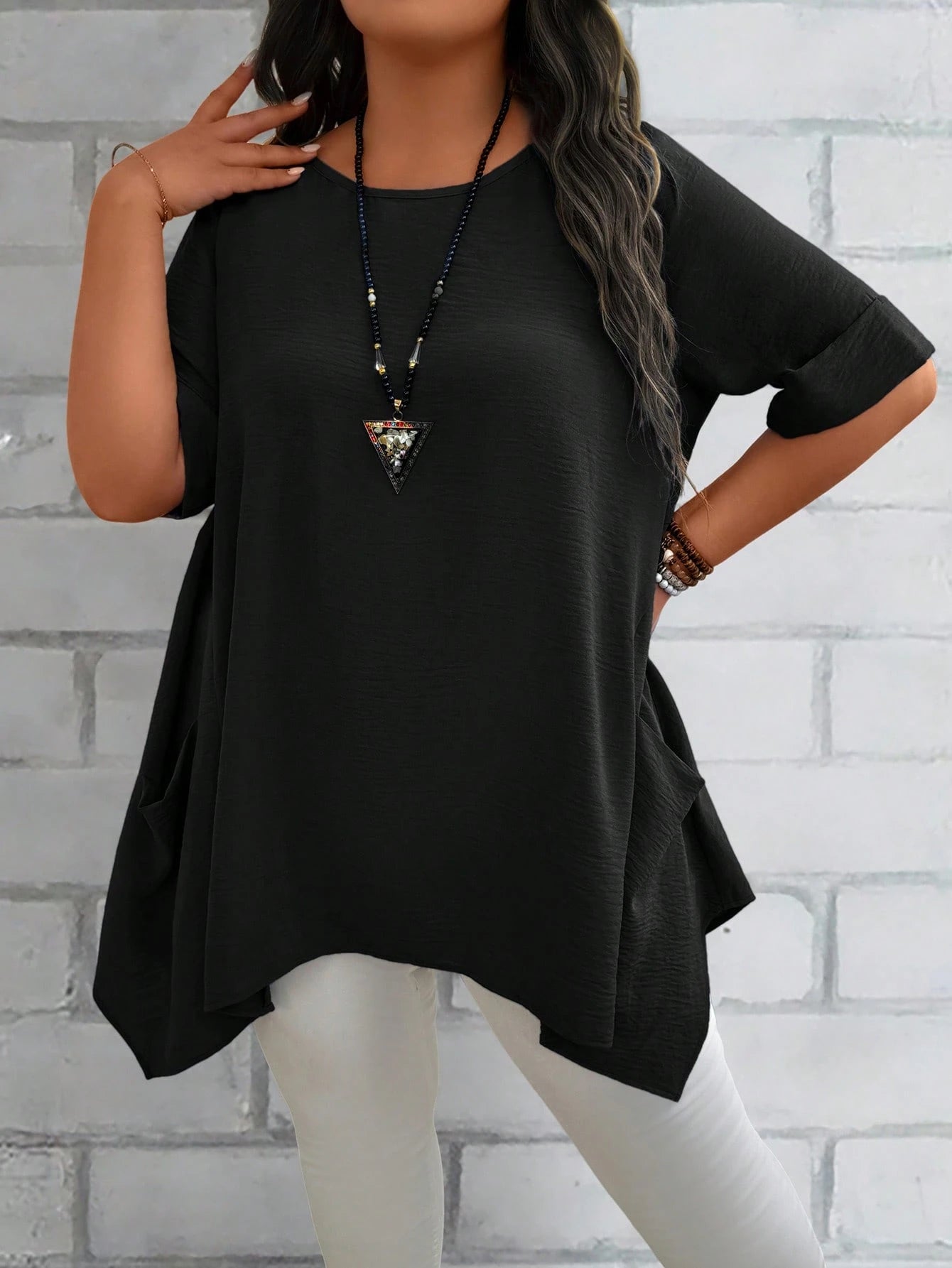 EMERY ROSE Plus Size Women's Summer Blue Round Neck Short Sleeve Double Pocket Loose Casual Mom Shirts