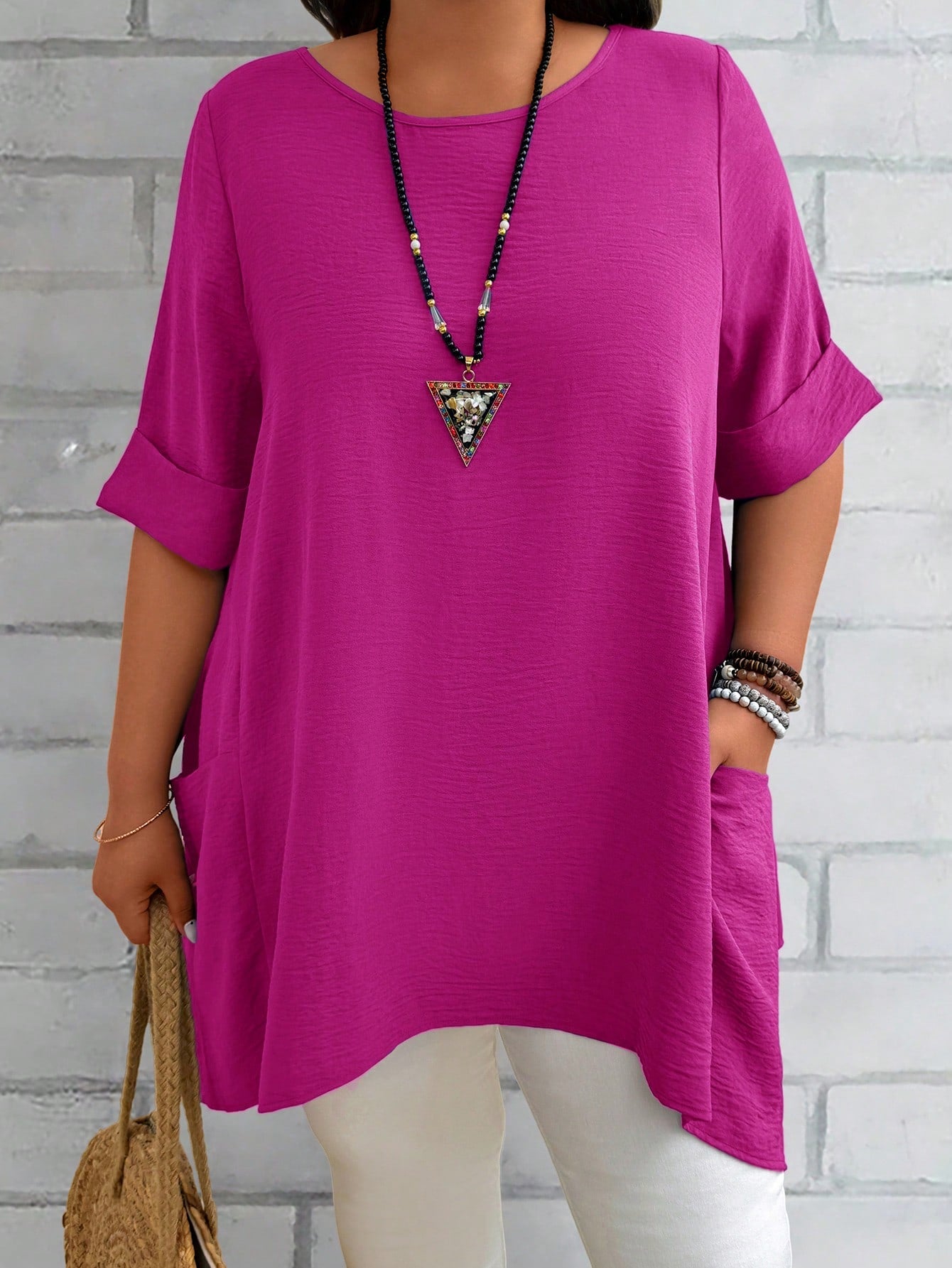 EMERY ROSE Plus Size Women's Summer Blue Round Neck Short Sleeve Double Pocket Loose Casual Mom Shirts
