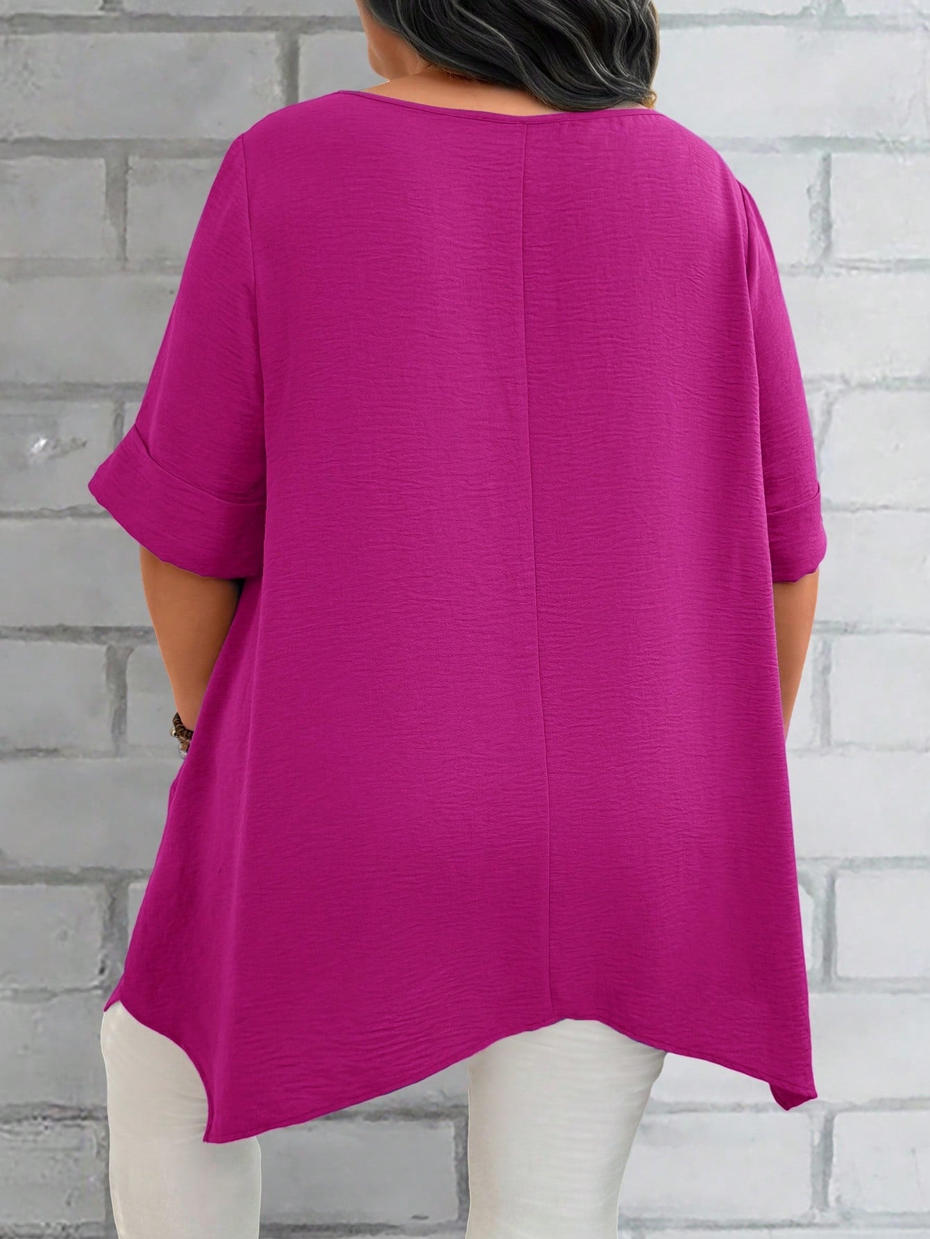 EMERY ROSE Plus Size Women's Summer Blue Round Neck Short Sleeve Double Pocket Loose Casual Mom Shirts