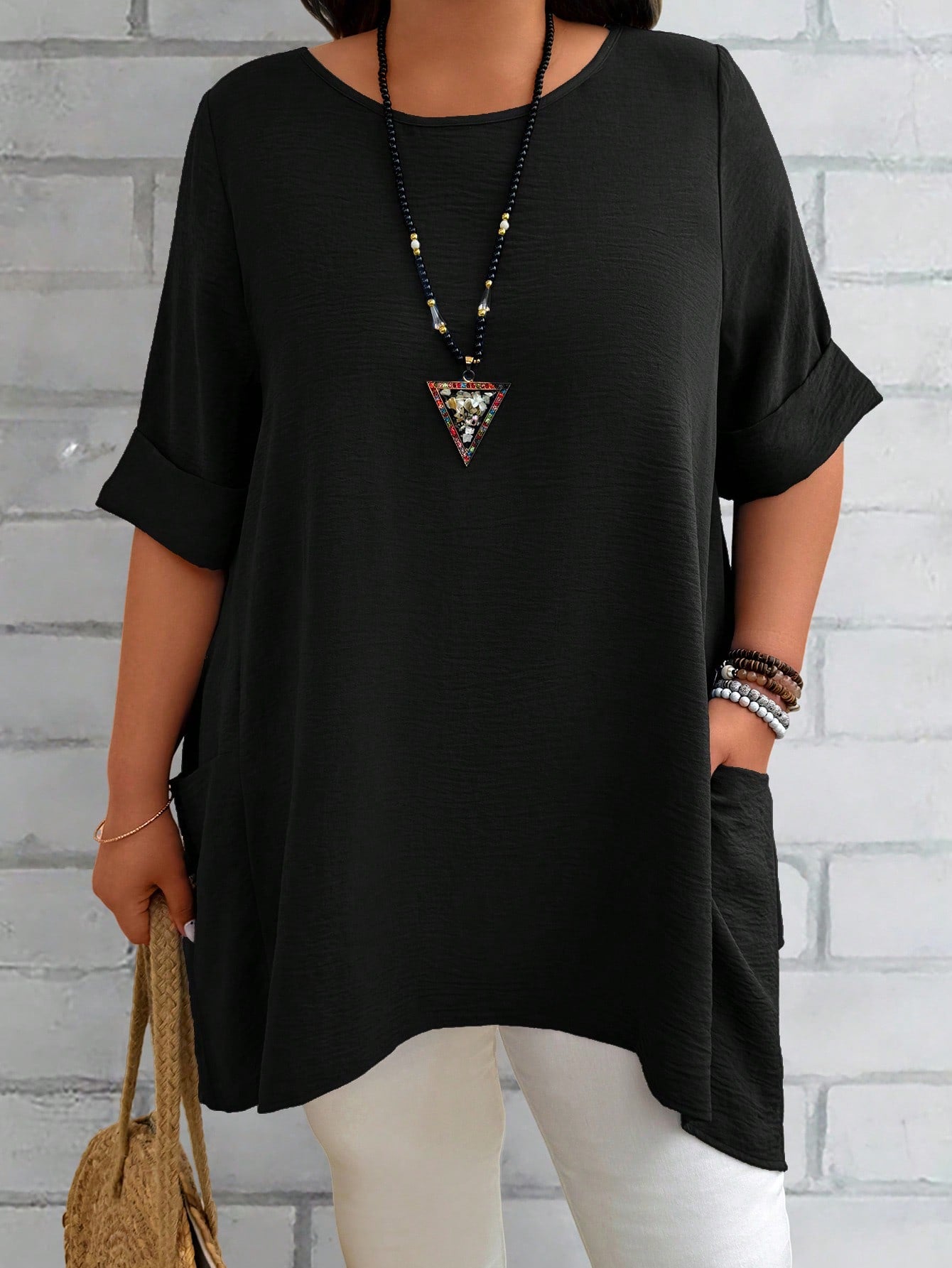 EMERY ROSE Plus Size Women's Summer Blue Round Neck Short Sleeve Double Pocket Loose Casual Mom Shirts
