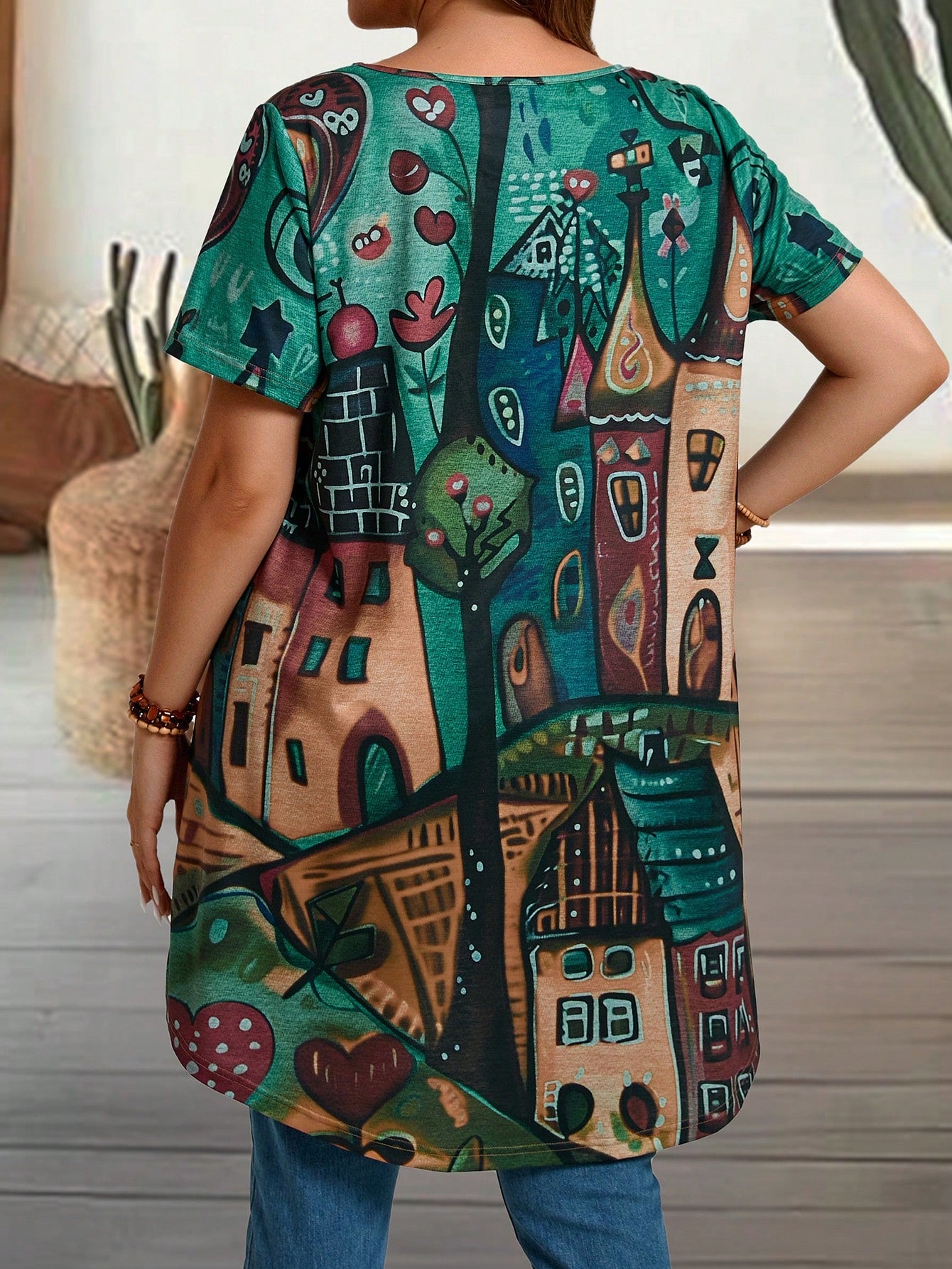 EMERY ROSE Plus Size Women's Summer Countryside Castle Printed Round Neck Short Sleeve Casual T-Shirt, Summer,Vacation/Spring