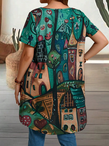 EMERY ROSE Plus Size Women's Summer Countryside Castle Printed Round Neck Short Sleeve Casual T-Shirt, Summer,Vacation/Spring