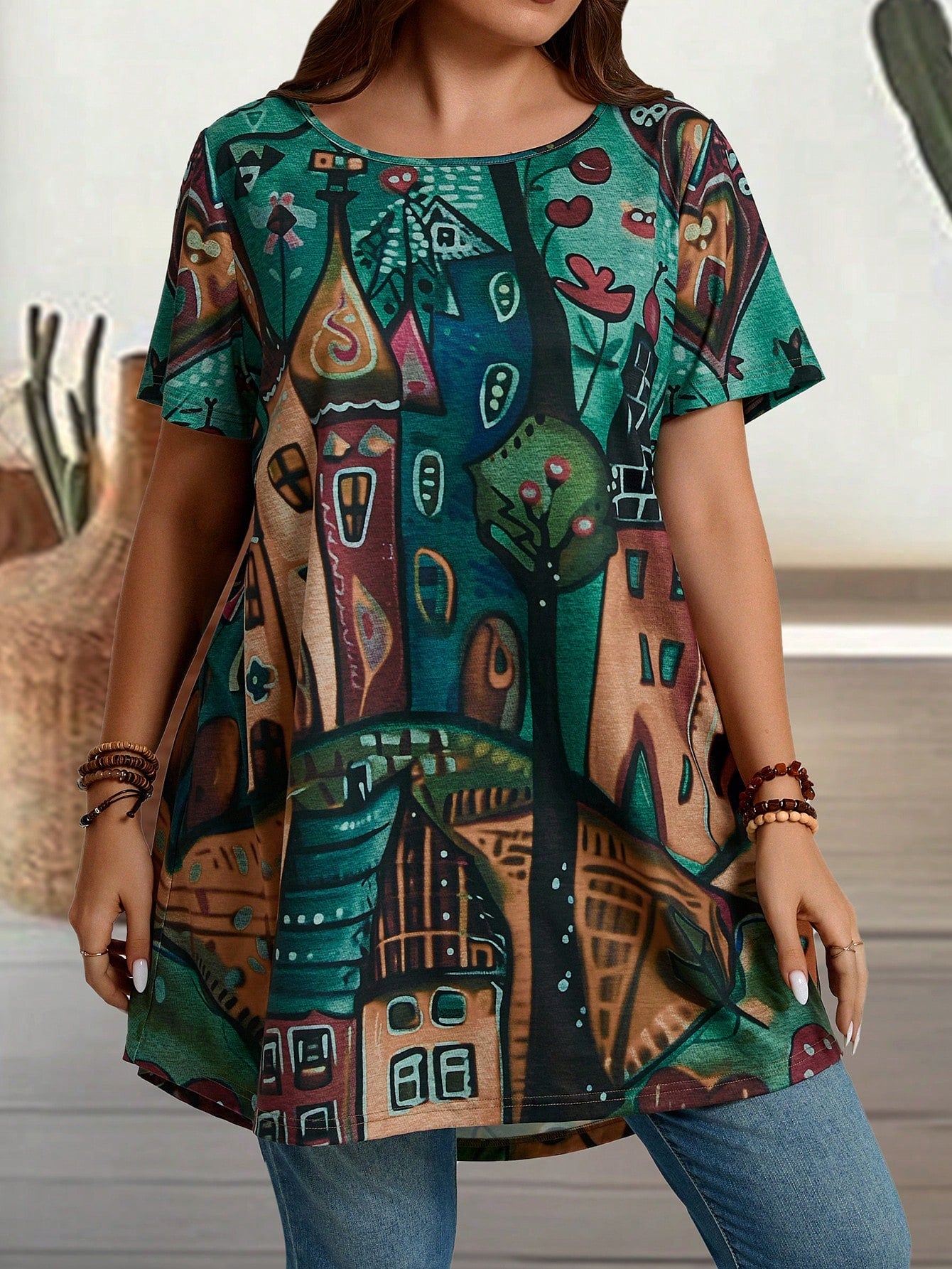EMERY ROSE Plus Size Women's Summer Countryside Castle Printed Round Neck Short Sleeve Casual T-Shirt, Summer,Vacation/Spring