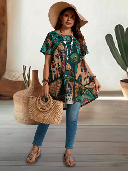 EMERY ROSE Plus Size Women's Summer Countryside Castle Printed Round Neck Short Sleeve Casual T-Shirt, Summer,Vacation/Spring