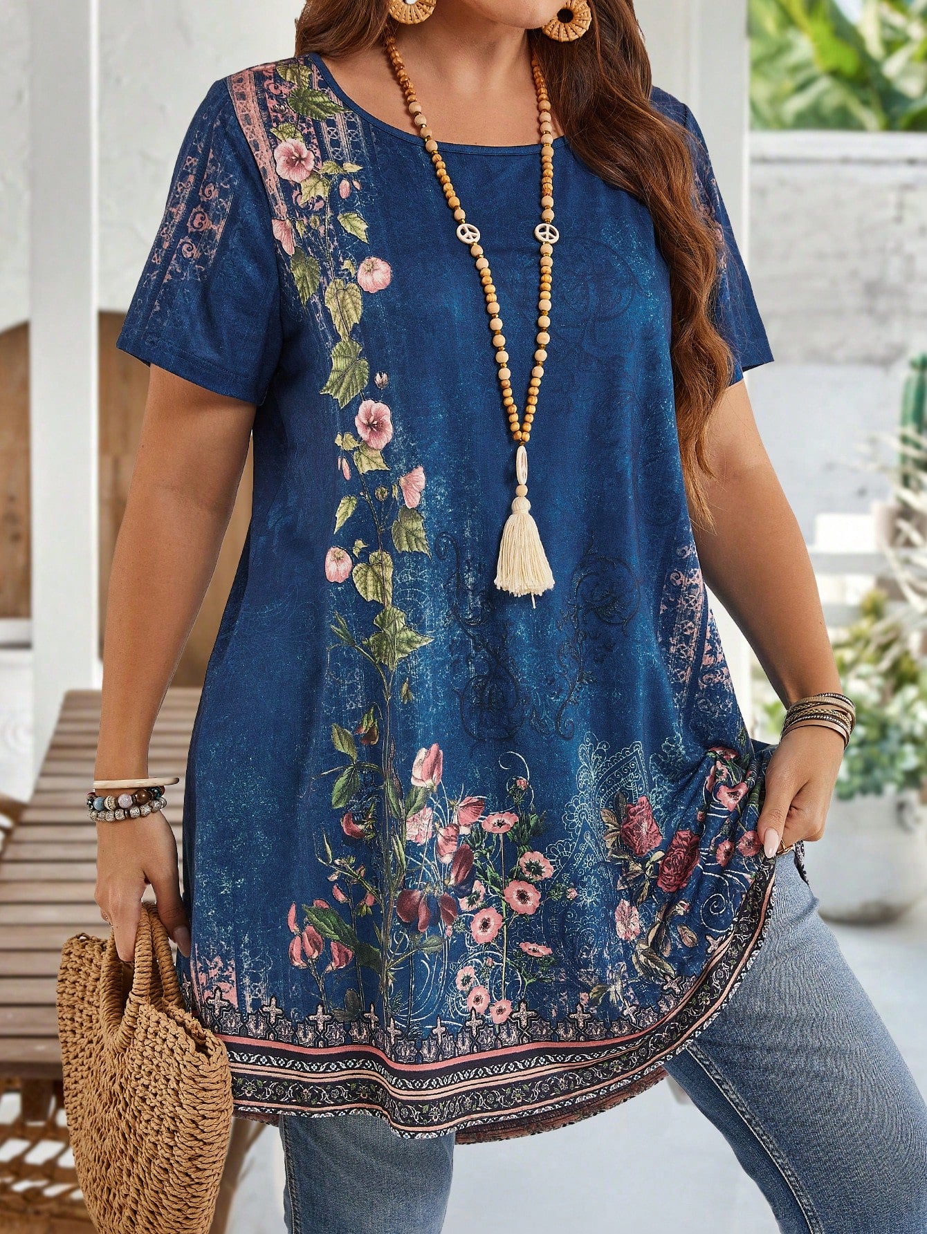 EMERY ROSE Plus Size Women's Summer Countryside Castle Printed Round Neck Short Sleeve Casual T-Shirt, Summer,Vacation/Spring