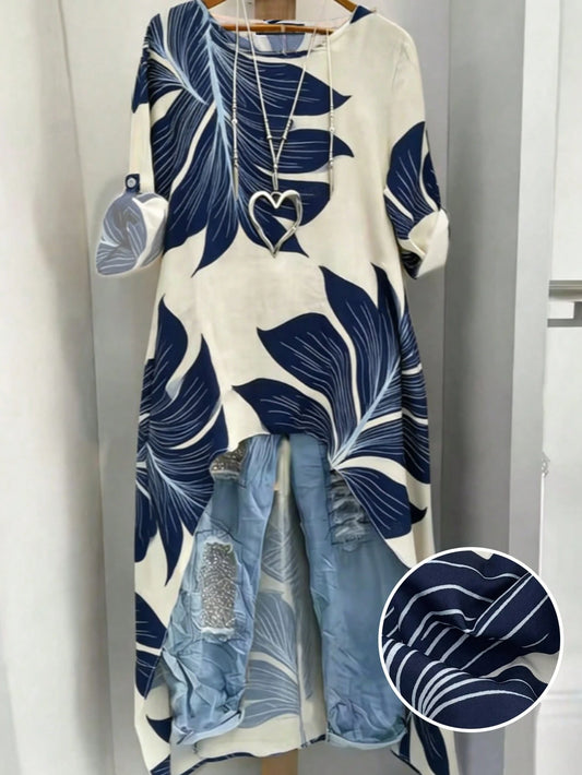 EMERY ROSE Plus-Size Women Shirt,Navy Blue Floral Print Round Neck Adjustable Long-Sleeve Shirt,Boho Summer Vacation Holiday Casual Minimalist Resort Beachwear