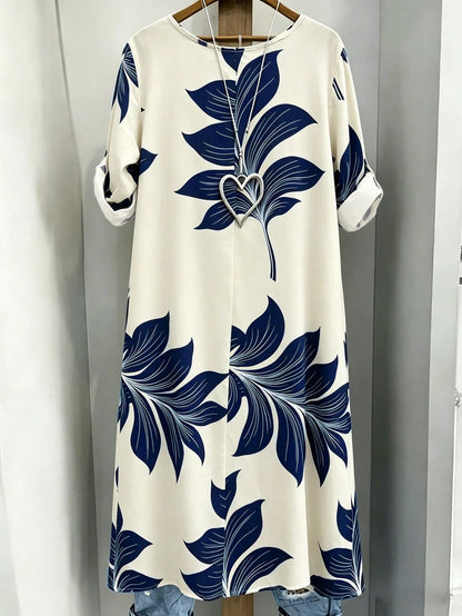 EMERY ROSE Plus-Size Women Shirt,Navy Blue Floral Print Round Neck Adjustable Long-Sleeve Shirt,Boho Summer Vacation Holiday Casual Minimalist Resort Beachwear