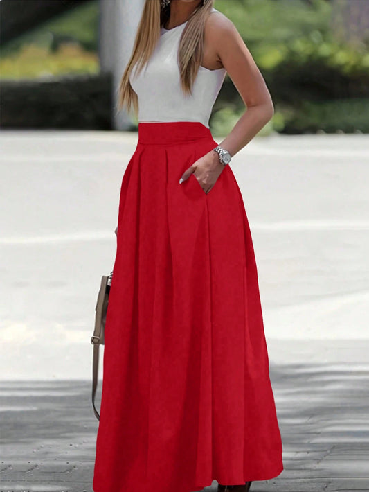 EMERY ROSE Solid Color Elegant Maxi Skirt With Side Pockets For New Year Clothes