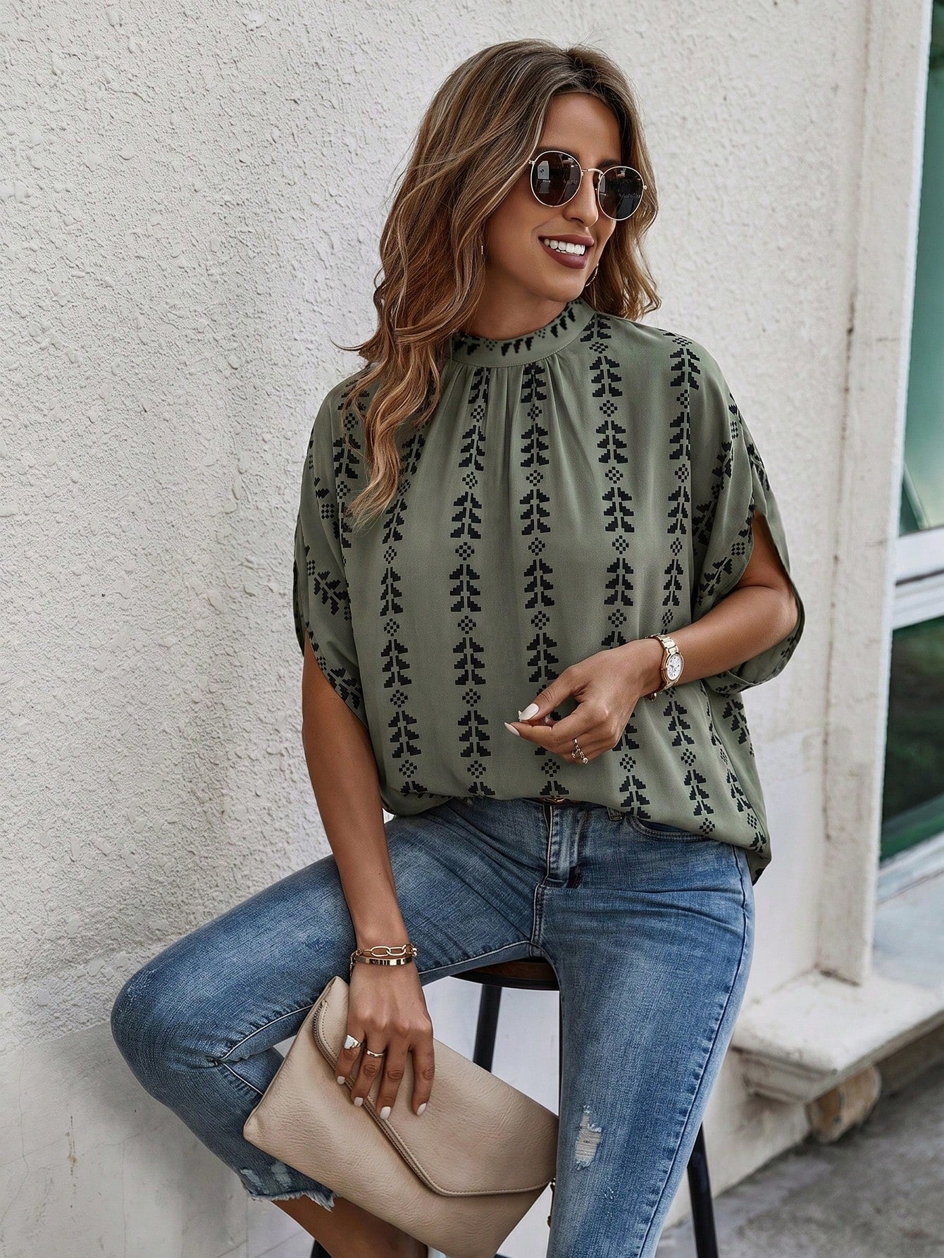 EMERY ROSE Standard Size Women's Spring/Summer Lace-Up Stand Collar Batwing Sleeve Solid Color Geometric Stripe Print Loose Casual Vacation Shirt