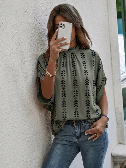 EMERY ROSE Standard Size Women's Spring/Summer Lace-Up Stand Collar Batwing Sleeve Solid Color Geometric Stripe Print Loose Casual Vacation Shirt