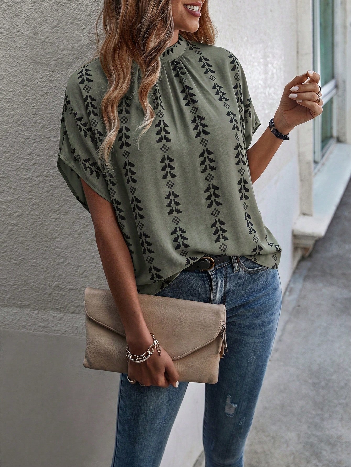 EMERY ROSE Standard Size Women's Spring/Summer Lace-Up Stand Collar Batwing Sleeve Solid Color Geometric Stripe Print Loose Casual Vacation Shirt