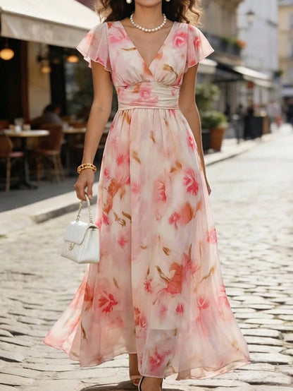 EMERY ROSE V-Neck Elegant Ruffle Hem Floral Print Waist Cinched A-Line Midi Dress, Romantic & Fashionable For Holiday