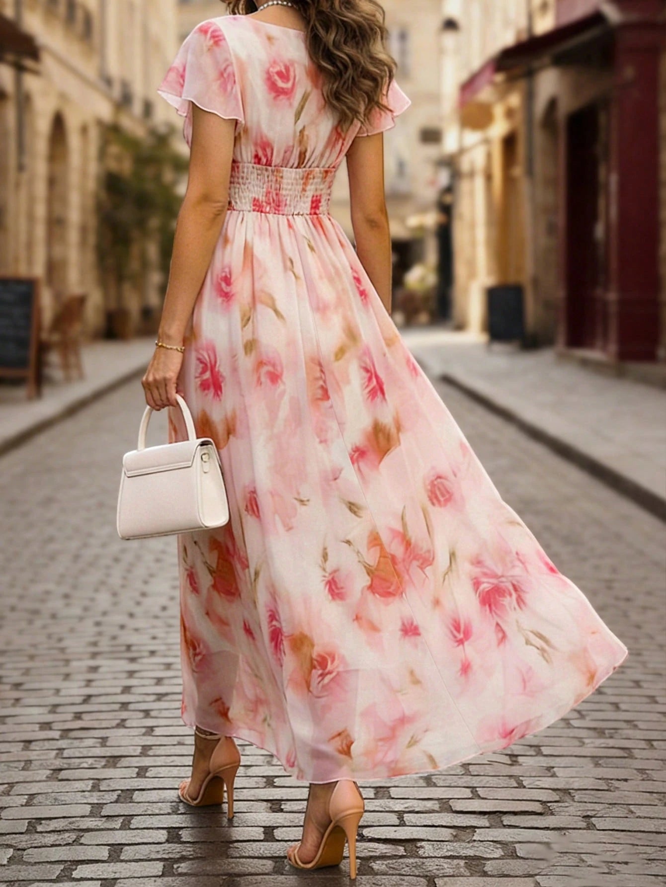 EMERY ROSE V-Neck Elegant Ruffle Hem Floral Print Waist Cinched A-Line Midi Dress, Romantic & Fashionable For Holiday