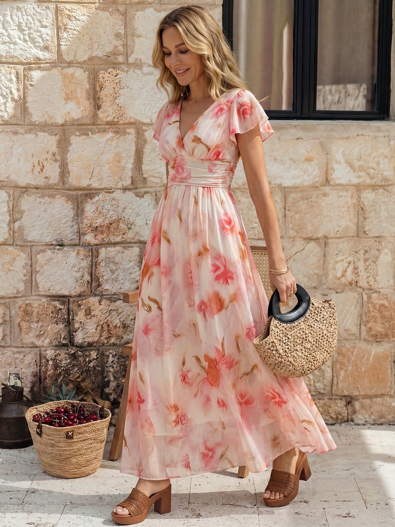 EMERY ROSE V-Neck Elegant Ruffle Hem Floral Print Waist Cinched A-Line Midi Dress, Romantic & Fashionable For Holiday
