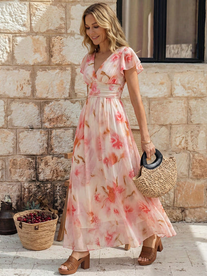 EMERY ROSE V-Neck Elegant Ruffle Hem Floral Print Waist Cinched A-Line Midi Dress, Romantic & Fashionable For Holiday