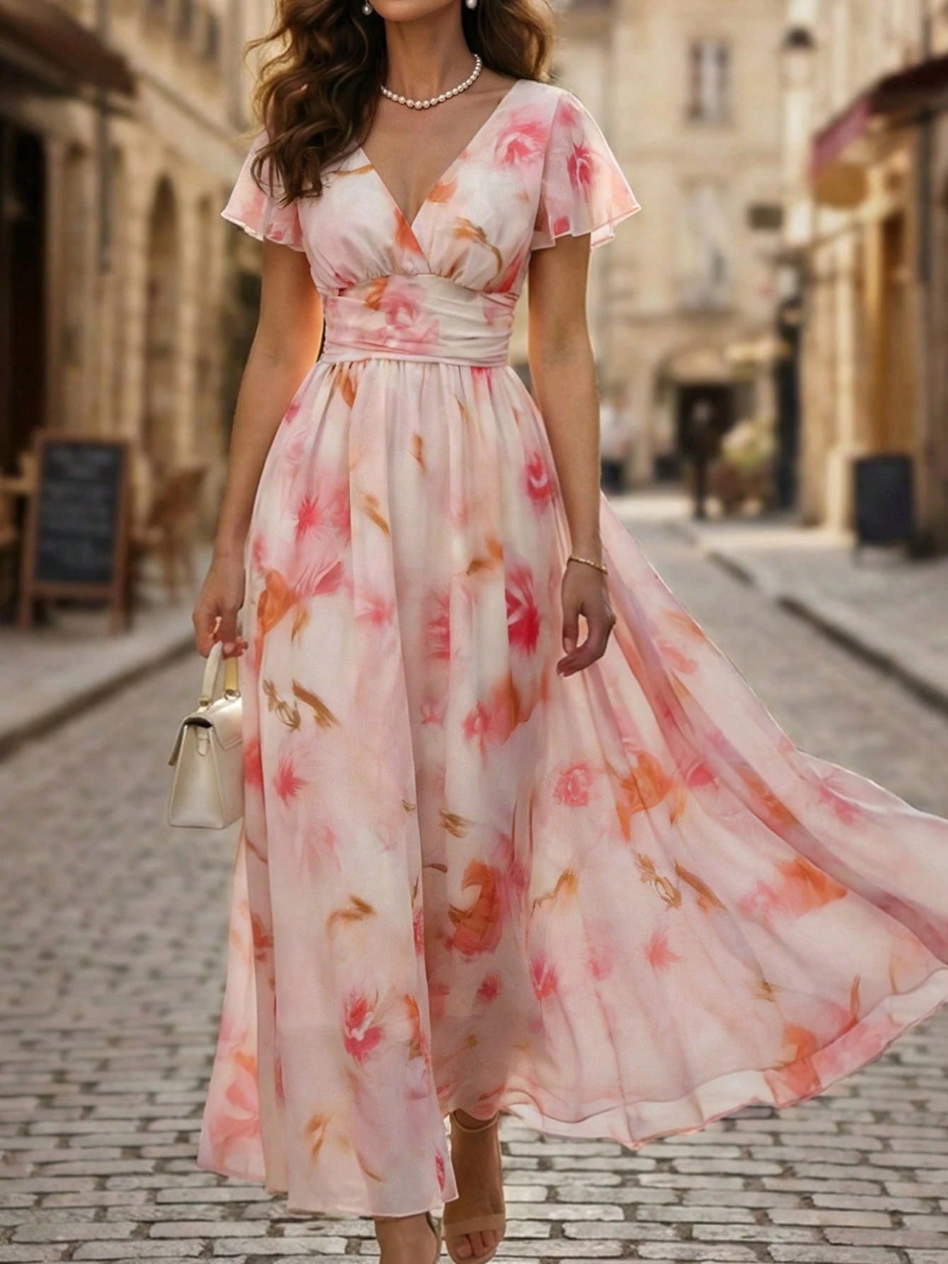 EMERY ROSE V-Neck Elegant Ruffle Hem Floral Print Waist Cinched A-Line Midi Dress, Romantic & Fashionable For Holiday
