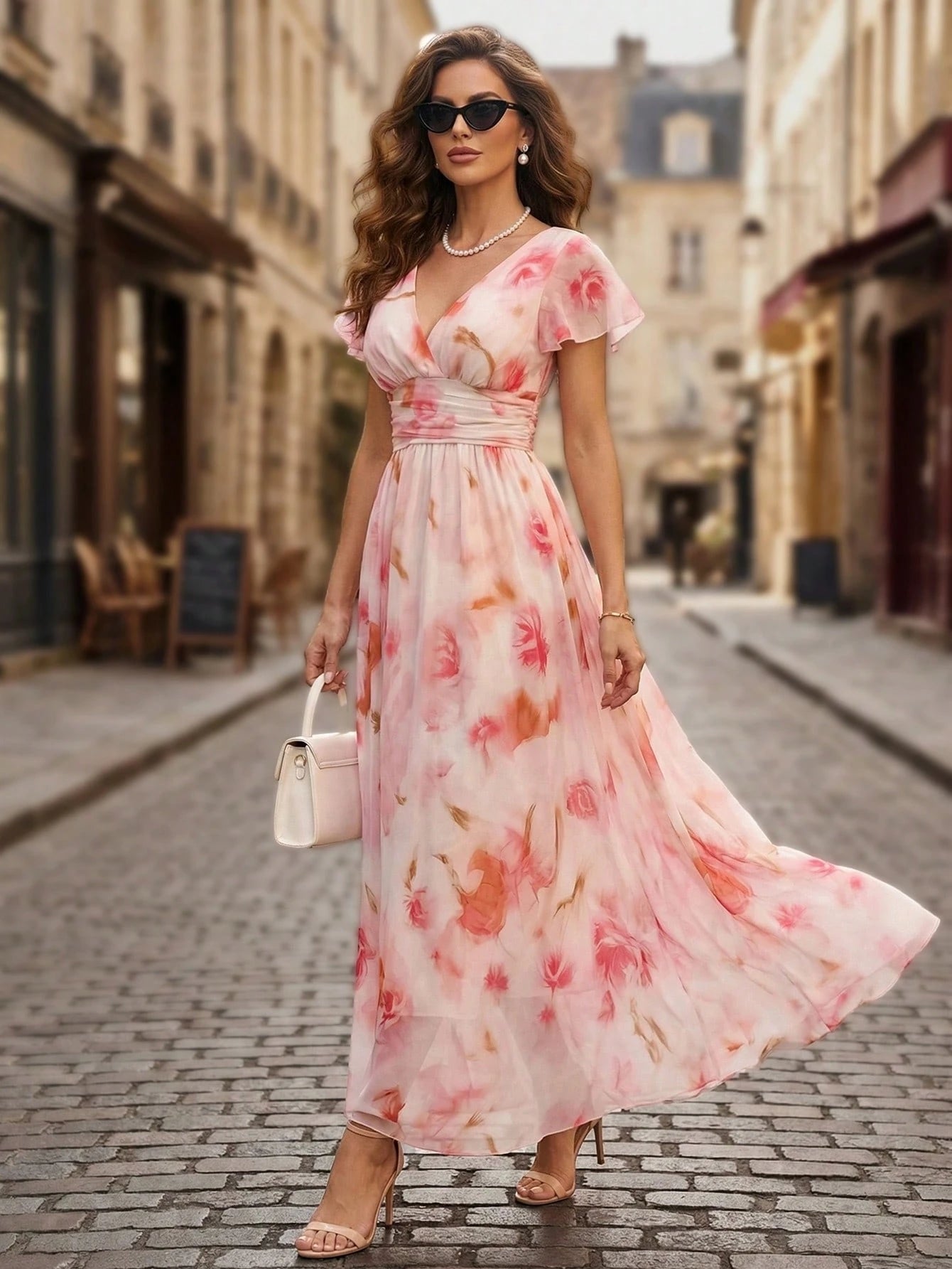 EMERY ROSE V-Neck Elegant Ruffle Hem Floral Print Waist Cinched A-Line Midi Dress, Romantic & Fashionable For Holiday