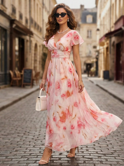 EMERY ROSE V-Neck Elegant Ruffle Hem Floral Print Waist Cinched A-Line Midi Dress, Romantic & Fashionable For Holiday