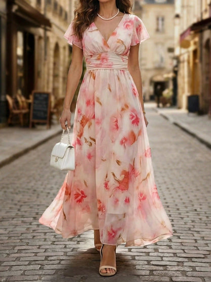 EMERY ROSE V-Neck Elegant Ruffle Hem Floral Print Waist Cinched A-Line Midi Dress, Romantic & Fashionable For Holiday