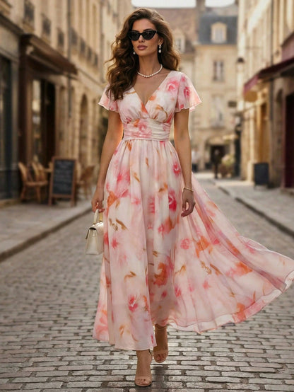 EMERY ROSE V-Neck Elegant Ruffle Hem Floral Print Waist Cinched A-Line Midi Dress, Romantic & Fashionable For Holiday