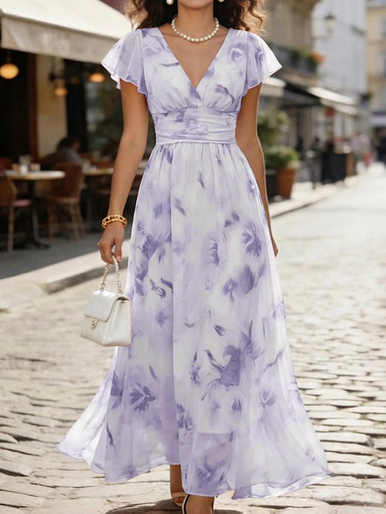 EMERY ROSE V-Neck Elegant Ruffle Hem Floral Print Waist Cinched A-Line Midi Dress, Romantic & Fashionable For Holiday