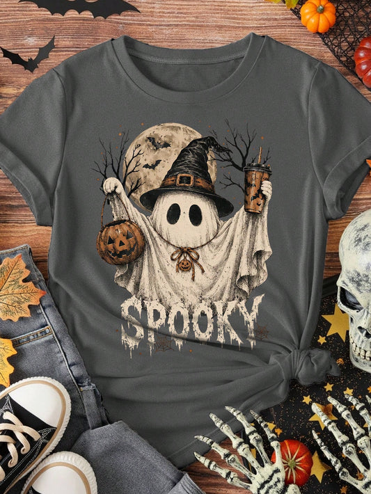 EMERY ROSE Vintage Wizard Hat Ghost Coffee Pumpkin Barrel Print Plus-Size Short Sleeve T-Shirt Halloween Spooky