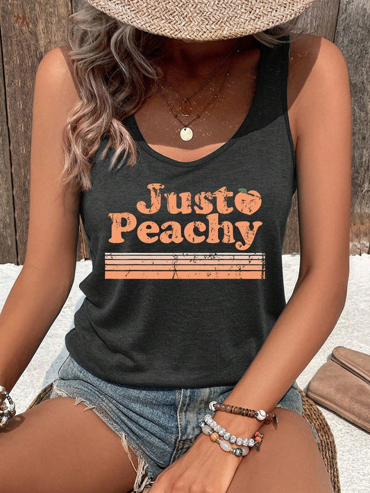 EMERY ROSE Women Colorful Printed Sleeveless Tank Top With Words Just Peachy Graphic Tees Women Tops