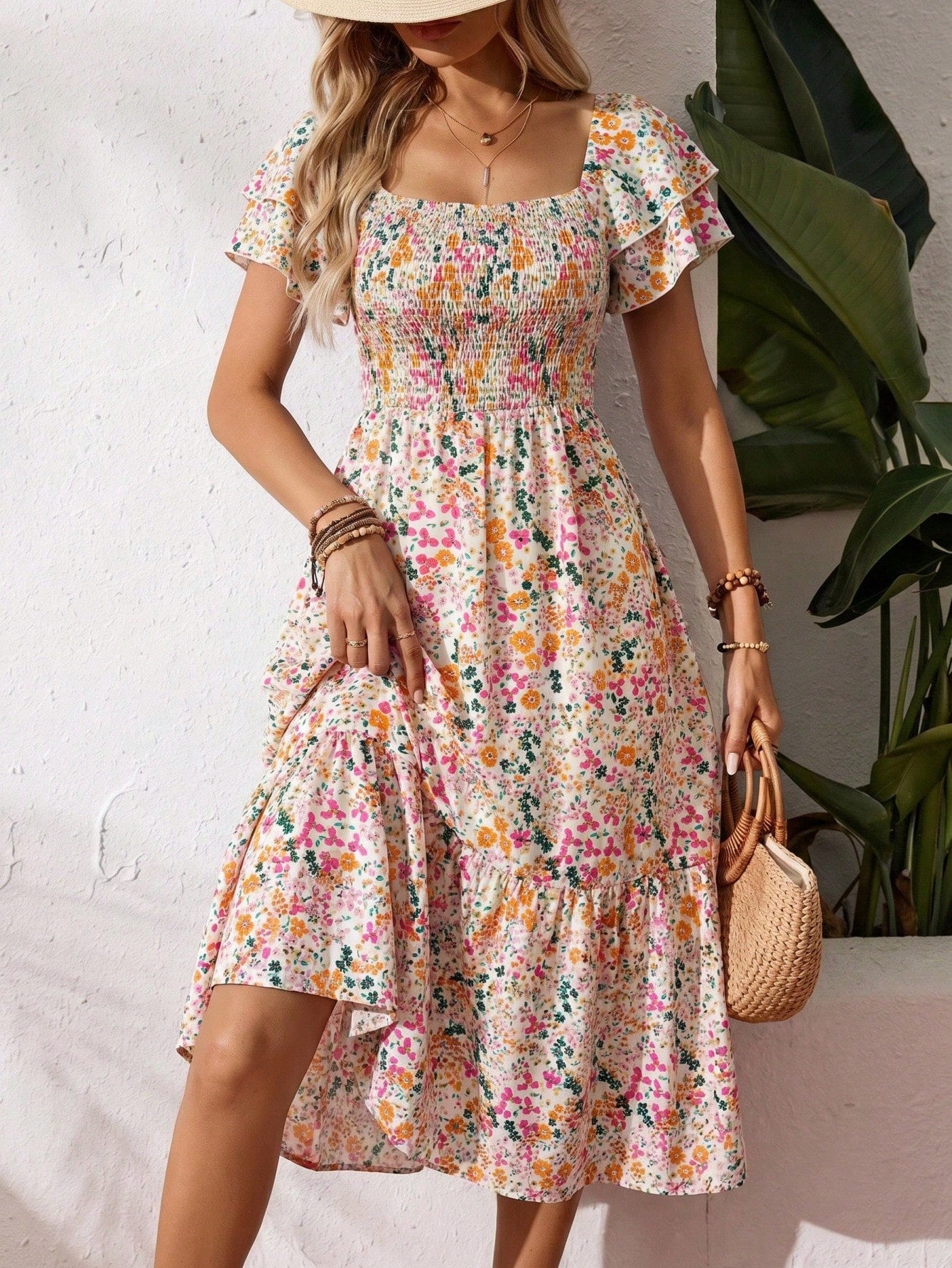 EMERY ROSE Women's Casual Bohemian Romantic Boho Vacation Ditsy Floral Midi Dress White Floral Summer Outfits Picnic