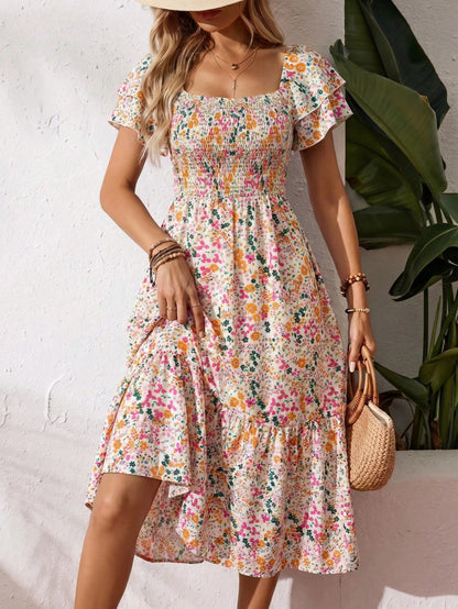 EMERY ROSE Women's Casual Bohemian Romantic Boho Vacation Ditsy Floral Midi Dress White Floral Summer Outfits Picnic