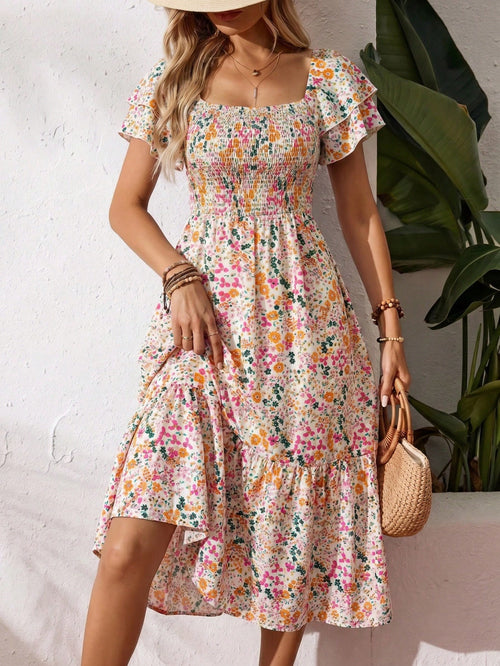 EMERY ROSE Women's Casual Bohemian Romantic Boho Vacation Ditsy Floral Midi Dress White Floral Summer Outfits Picnic