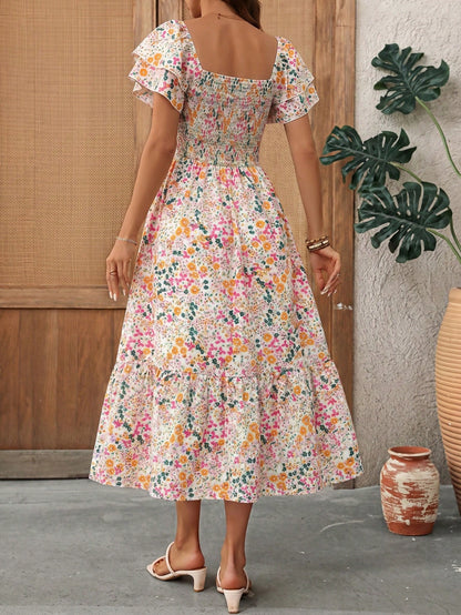 EMERY ROSE Women's Casual Bohemian Romantic Boho Vacation Ditsy Floral Midi Dress White Floral Summer Outfits Picnic