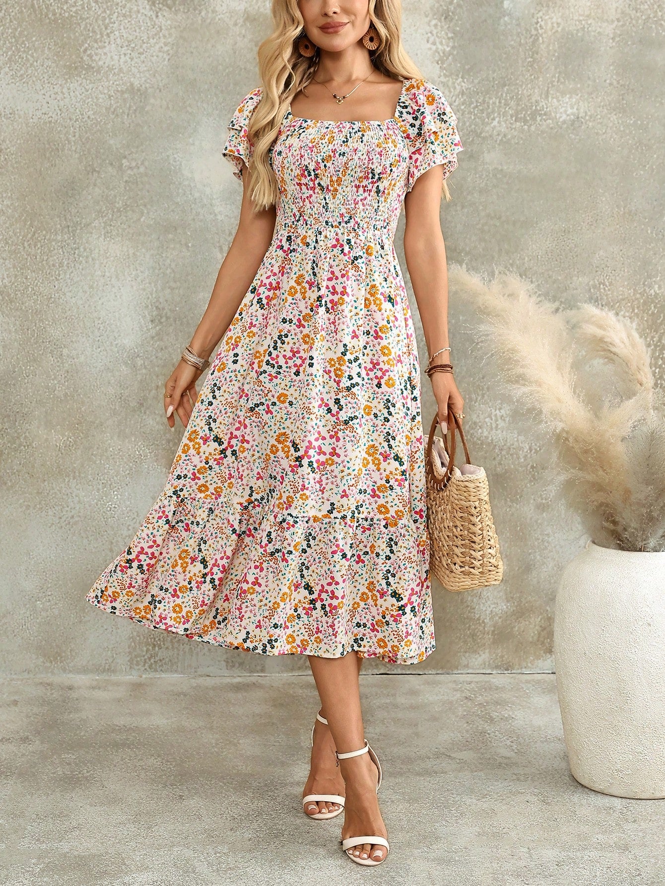 EMERY ROSE Women's Casual Bohemian Romantic Boho Vacation Ditsy Floral Midi Dress White Floral Summer Outfits Picnic