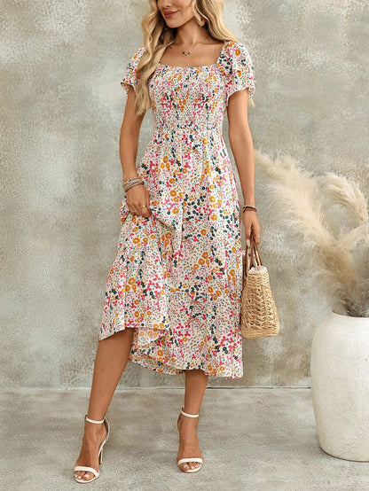 EMERY ROSE Women's Casual Bohemian Romantic Boho Vacation Ditsy Floral Midi Dress White Floral Summer Outfits Picnic