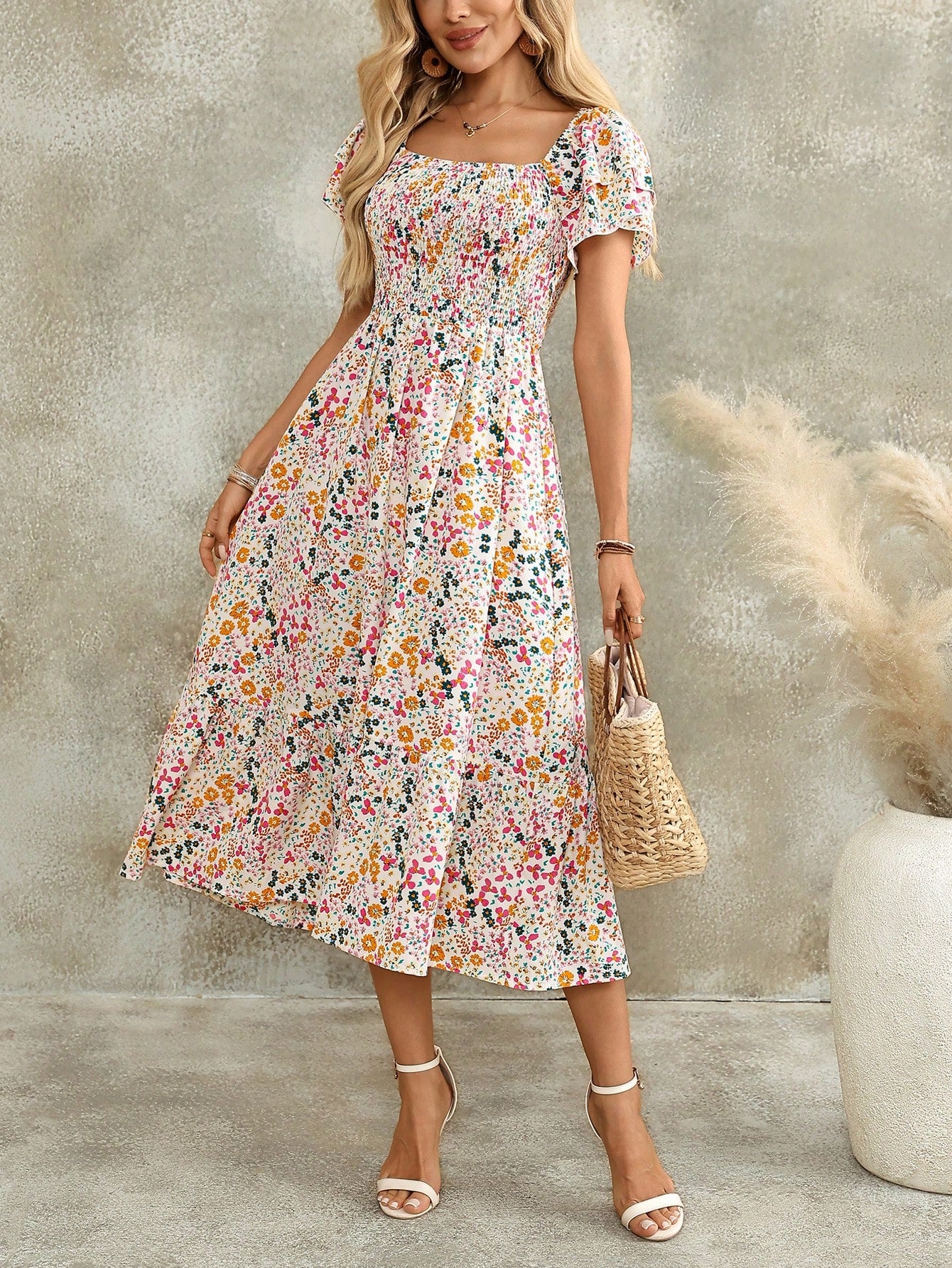 EMERY ROSE Women's Casual Bohemian Romantic Boho Vacation Ditsy Floral Midi Dress White Floral Summer Outfits Picnic