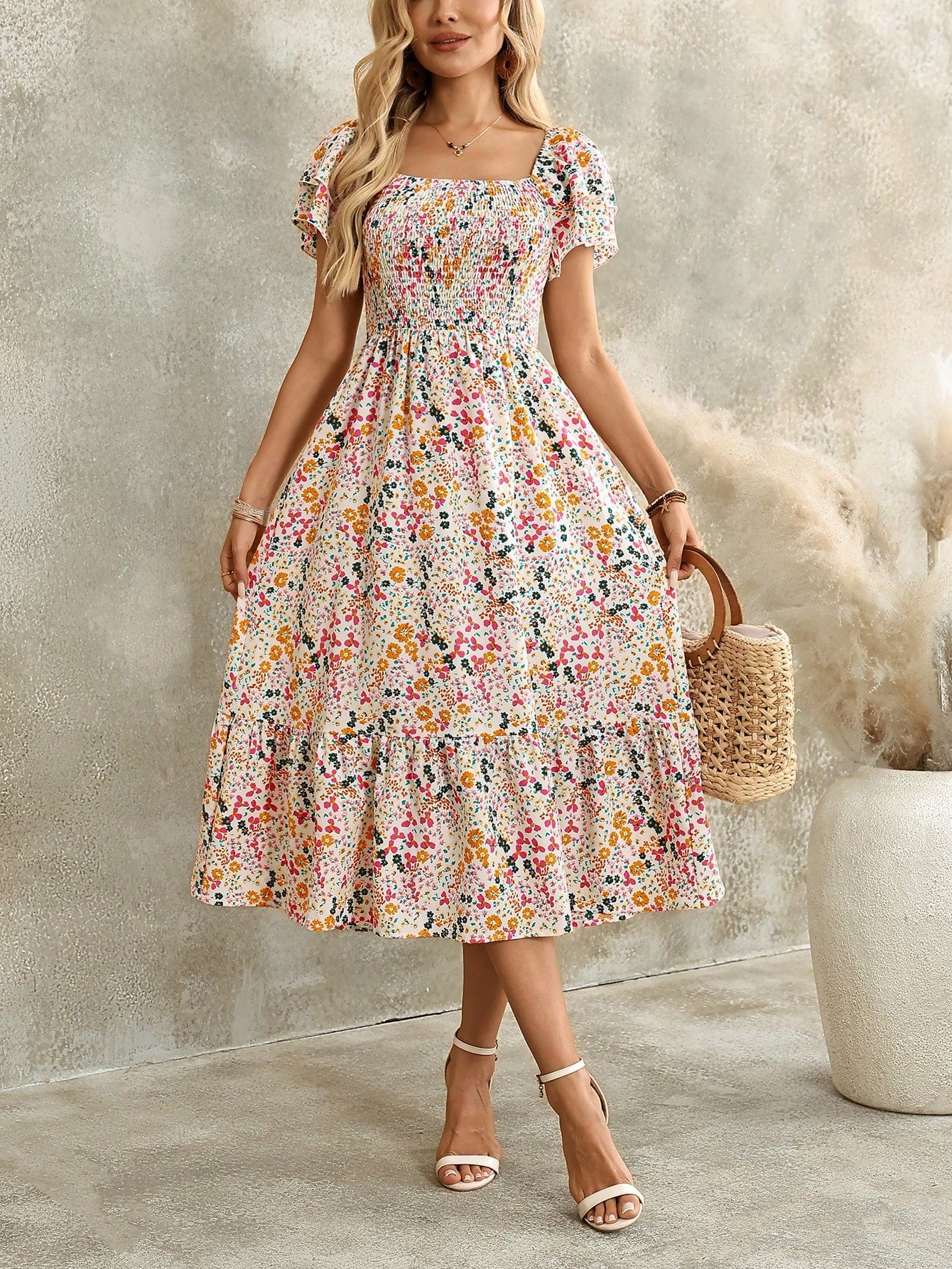 EMERY ROSE Women's Casual Bohemian Romantic Boho Vacation Ditsy Floral Midi Dress White Floral Summer Outfits Picnic