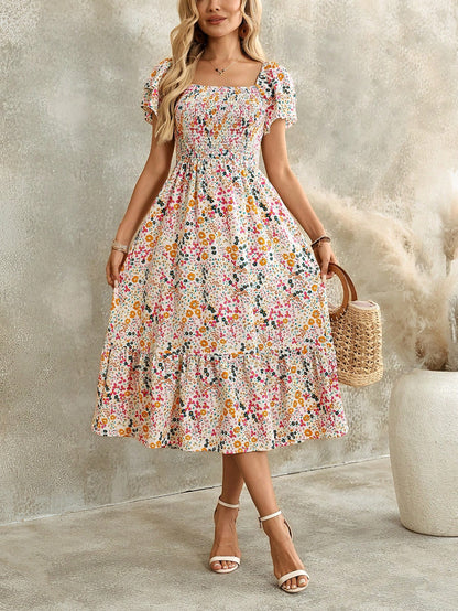 EMERY ROSE Women's Casual Bohemian Romantic Boho Vacation Ditsy Floral Midi Dress White Floral Summer Outfits Picnic
