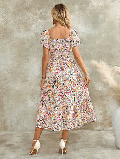 EMERY ROSE Women's Casual Bohemian Romantic Boho Vacation Ditsy Floral Midi Dress White Floral Summer Outfits Picnic