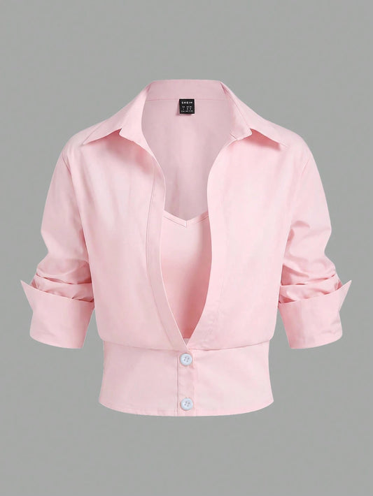 EMERY ROSE Women's Solid Color 2 In 1 Casual Shirt